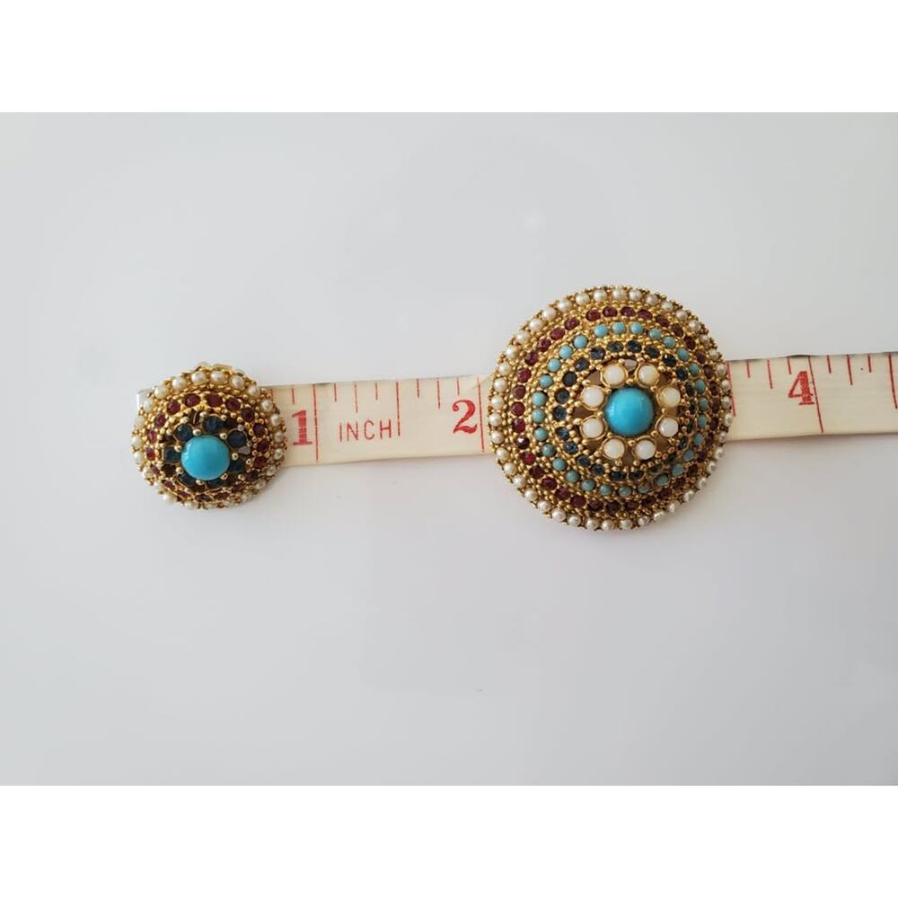 Vintage Art Designer Multicolor & Faux Pearl Dome Brooch and Clip On Earring Set - Picture 8 of 8